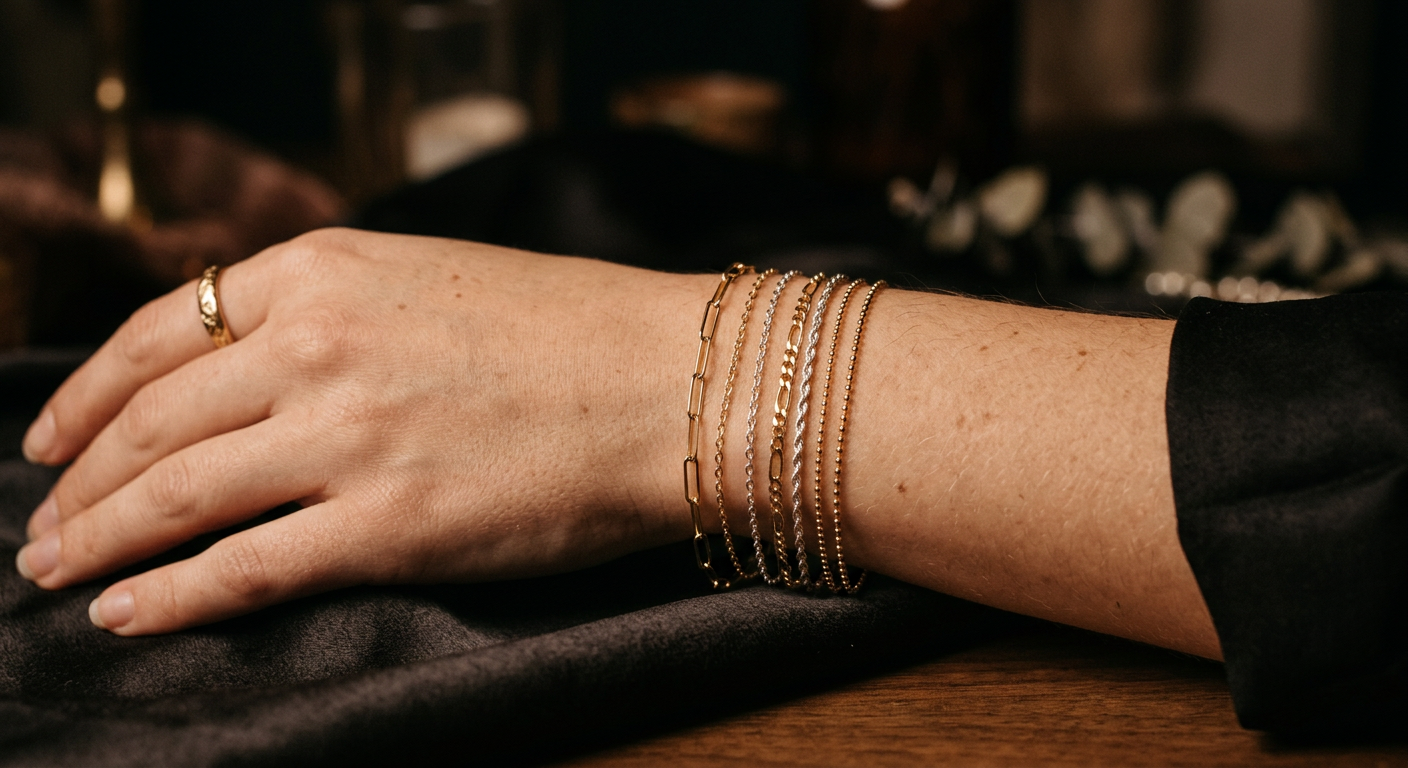 Dainty gold and silver permanent jewelry bracelets stacked on a wrist